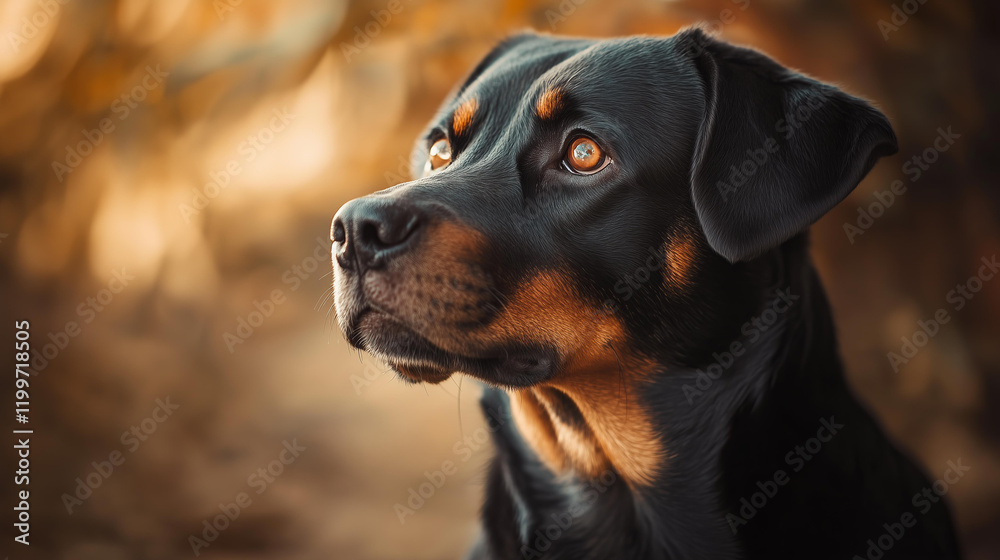 A close-up portrait of a black dog with soulful eyes, warm golden bokeh background, pet photography, animal emotion, loyal companion concept, serene moment, modern pet portrait 