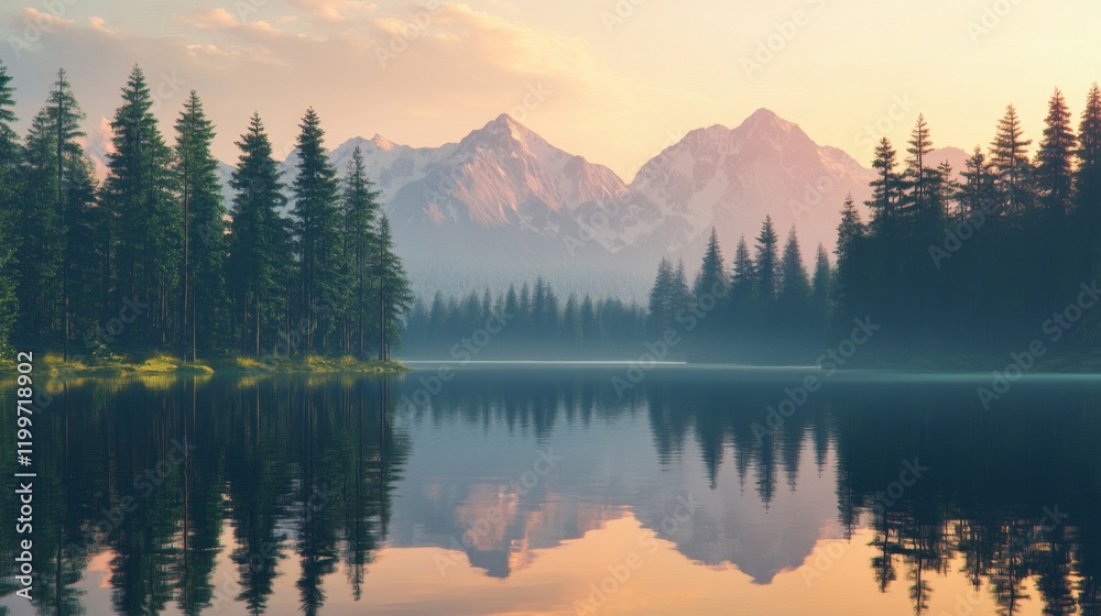 Fototapeta premium Mountain Range Reflected in a Still Lake at Sunset