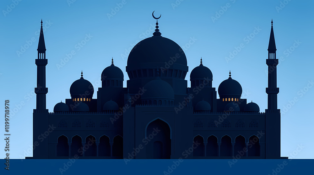 Fototapeta premium 3d illustration of mosque on blue background. 3d rendering. Abstract geometric mosque with layered domes and bold contrasts in flat design