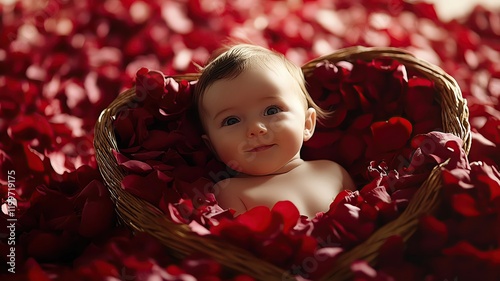 Baby surrounded by fragrant rose petals.