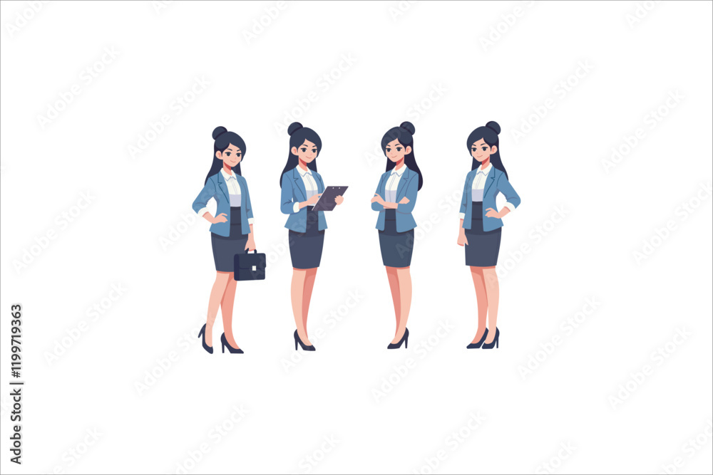 Obraz premium Businesswoman Character Poses Set Featuring Confident Stances, Woman Professional Gestures, And Dynamic Postures, Perfect For Showcasing Competence And Leadership.