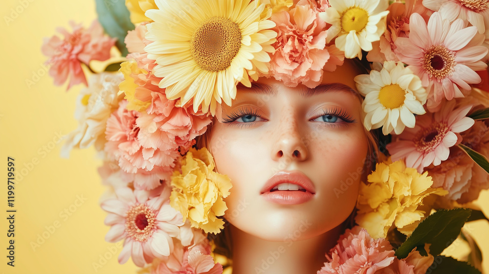 Portrait of a young woman adorned with a vibrant floral crown featuring daisies, carnations, and gerbera flowers, set against a sunny yellow background. The image radiates a cheerful and fresh spring Portrait of a young woman adorned with a vibrant floral crown featuring daisies, carnations, and gerbera flowers, set against a sunny yellow background. The image radiates a cheerful and fresh spring
