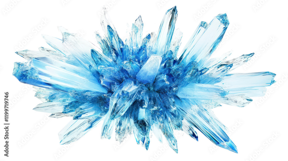 A stunning cluster of blue crystals with sharp, elongated formations radiating outward, set against a white isolate background. A stunning cluster of blue crystals with sharp, elongated formations radiating outward, set against a white isolate background.