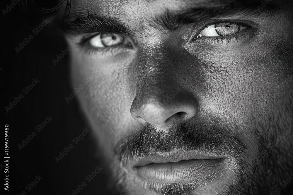 striking black and white close-up portrait of a male caucasian, capturing intense expression and intricate facial details, emphasizing emotion and personality in a timeless style striking black and white close-up portrait of a male caucasian, capturing intense expression and intricate facial details, emphasizing emotion and personality in a timeless style