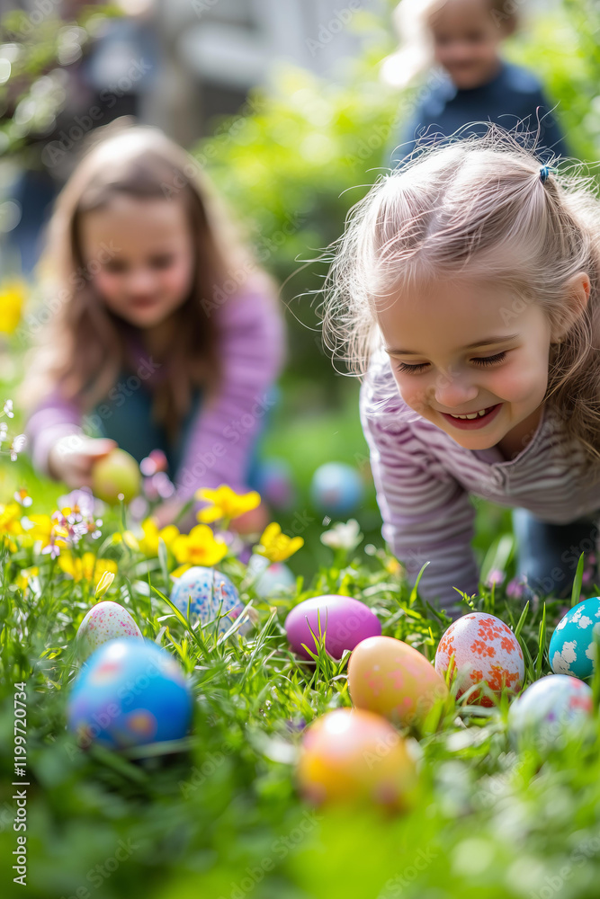 Fototapeta premium photo of children joyfully hunting for Easter eggs in a vibrant spring garden, colorful eggs scattered among blooming flowers, natural lighting, outdoor activity, festive atmosphere 