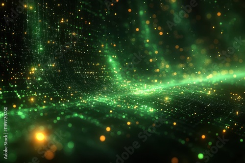 a mesmerizing abstract pattern of scattered neon green pixels dissolving into black void creating a dynamic digital texture with varying dot sizes and grunge overlay effects photo