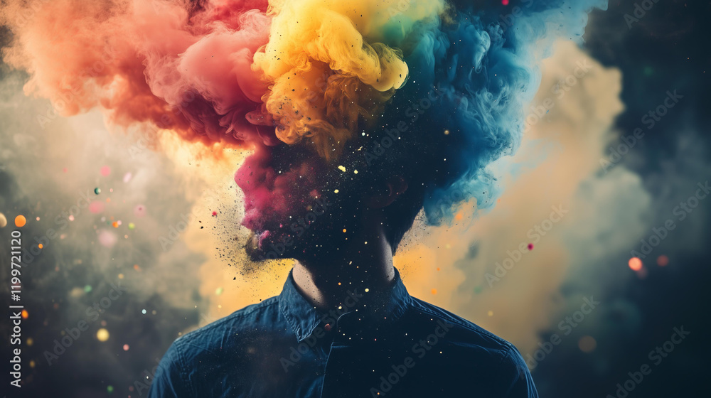 Obraz premium photo of a man with his head dissolving into a vibrant explosion of colorful powder, blending shades of blue, pink, orange, and yellow, abstract and surreal composition, creative concept, imagination 
