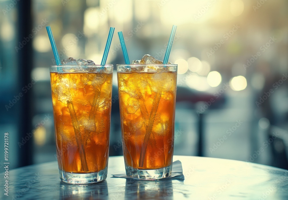 Refreshing Glasses of Iced Tea with Straws and Ice Cubes in Bright Summer Light, Perfect for Hot Days and Relaxing Moments at Cafes or Home Gatherings Refreshing Glasses of Iced Tea with Straws and Ice Cubes in Bright Summer Light, Perfect for Hot Days and Relaxing Moments at Cafes or Home Gatherings