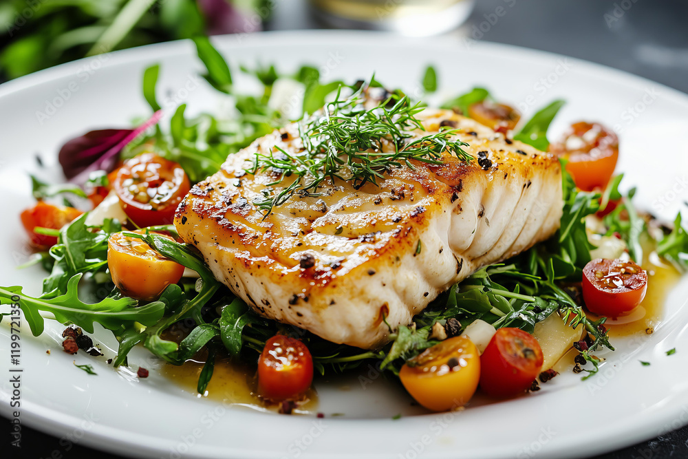 photo of a gourmet dish featuring a grilled fish fillet garnished with fresh herbs, served on a bed of arugula and cherry tomatoes, drizzled with a light vinaigrette, close-up view, isolated photo of a gourmet dish featuring a grilled fish fillet garnished with fresh herbs, served on a bed of arugula and cherry tomatoes, drizzled with a light vinaigrette, close-up view, isolated