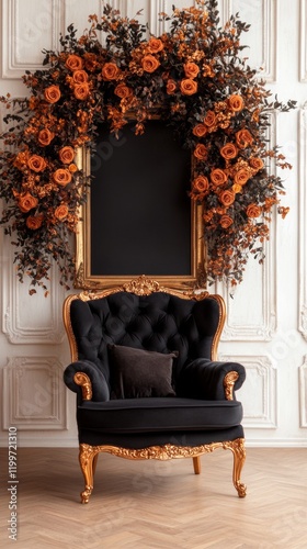 Elegant black velvet armchair with gold accents sits before a dark frame adorned with a vibrant orange floral arrangement.  A touch of autumnal luxury. photo