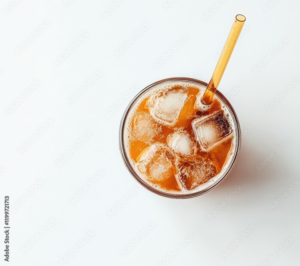 Refreshing iced beverage with bubbles, clear ice cubes, and a yellow straw on a minimalistic white background ideal for summer and outdoor gatherings Refreshing iced beverage with bubbles, clear ice cubes, and a yellow straw on a minimalistic white background ideal for summer and outdoor gatherings