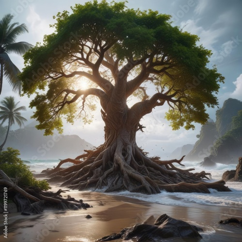 A massive tree uprooted by the force of the tsunami , tree, uprooted