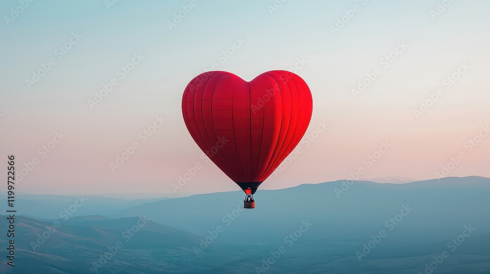 Fototapeta premium Heart Shaped Hot Air Balloon Floating Over Scenic Landscape at Dawn