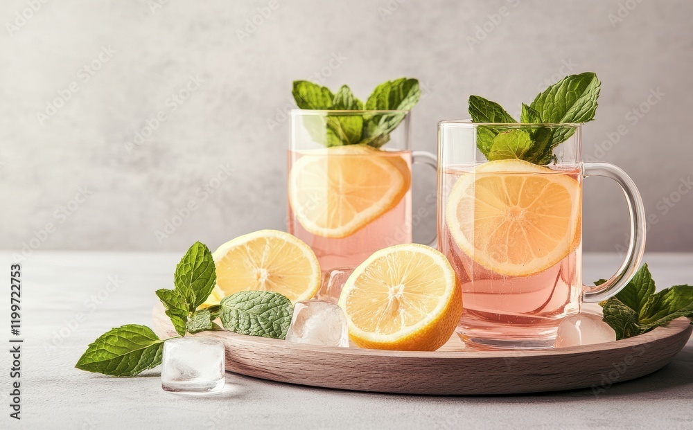 Fototapeta premium Refreshing Lemon Mint Beverage with Ice Cubes in Glasses Surrounded by Fresh Mint Leaves on a Light Background for Summer Delight
