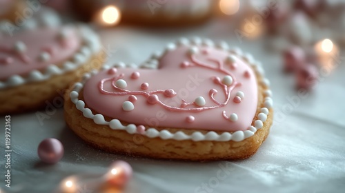 Delicate Pink Heart Shaped Cookies With Icing Detail photo