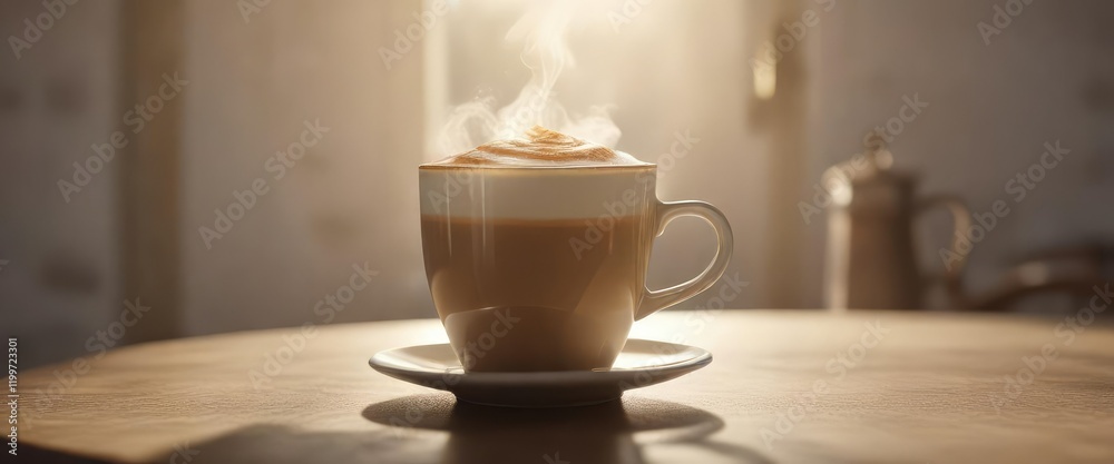 A latte cup with a subtle steam effect in gentle morning light , soft focus, steam A latte cup with a subtle steam effect in gentle morning light , soft focus, steam