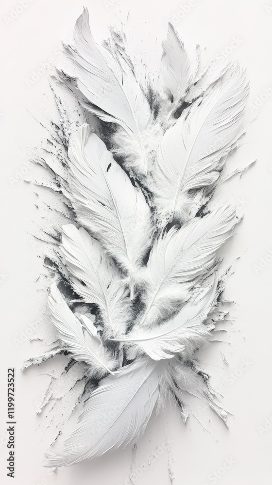 Obraz premium A cluster of white feathers against a stark white background. The delicate texture and soft monochrome palette evoke a sense of peace and serenity.