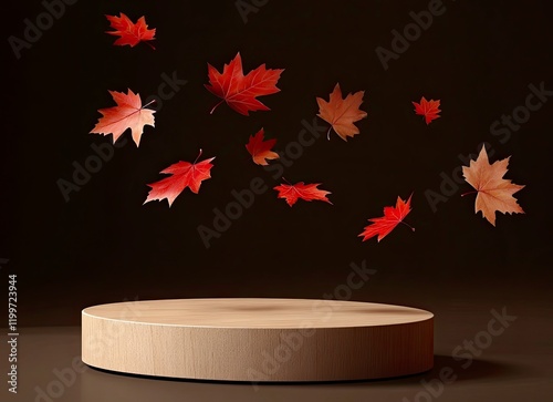 A podium for product presentation with red maple leaves floating in the air, a dark brown background, studio lighting,  photo