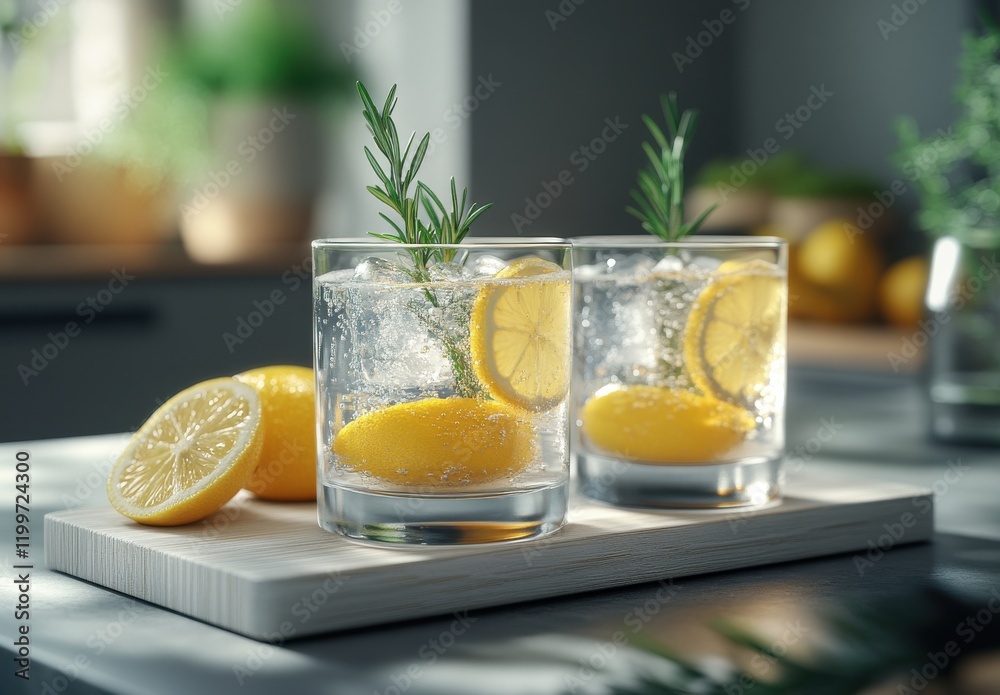 Fototapeta premium Refreshing Lemonade with Rosemary in Clear Glasses on Wooden Tray, Bright Kitchen Background with Soft Natural Light and Fresh Ingredients