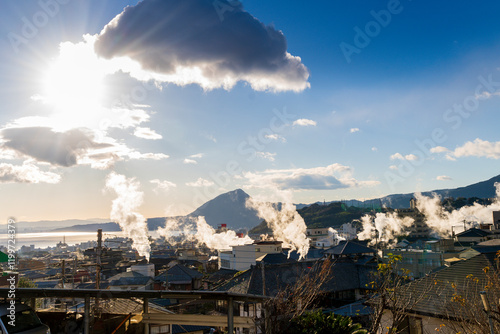 Obraz na płótnie Beppu cityscape with Steam drifted from public hot spring baths and ryokan onsen background, Beppu, Oita, Kyushu, Japan. w salonie