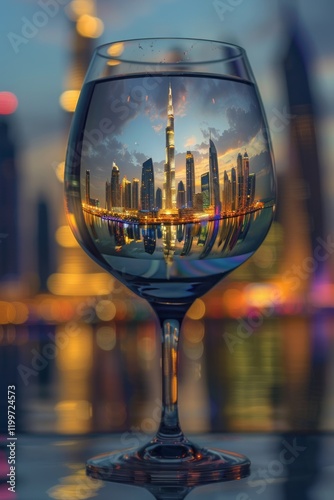 A stunningly detailed and photorealistic wine glass filled with the vibrant cityscape of Dubai photo