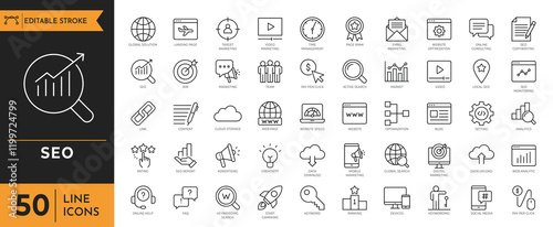 Seo icon set. Search engine optimization line icons set. Containing business and marketing, traffic, ranking, optimization, link, keyword, and more. Vector illustration