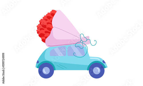 A cartoon blue car carrying a bouquet of flowers on white background. Minimalism. Valentines day card. Flower delivery. International Womens Day. Vector illustration. 