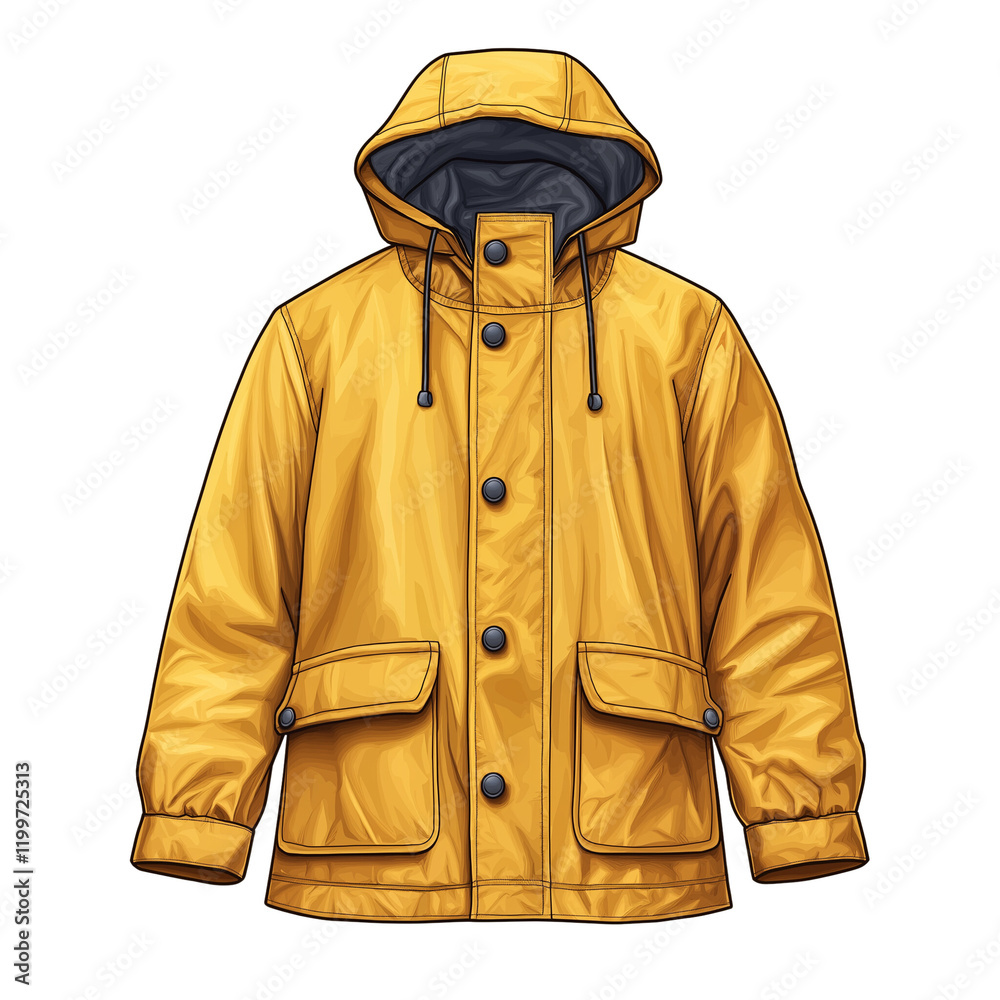 Classic Yellow Raincoat Illustration: A detailed illustration of a classic yellow raincoat with a hood and button closure. Classic Yellow Raincoat Illustration: A detailed illustration of a classic yellow raincoat with a hood and button closure.