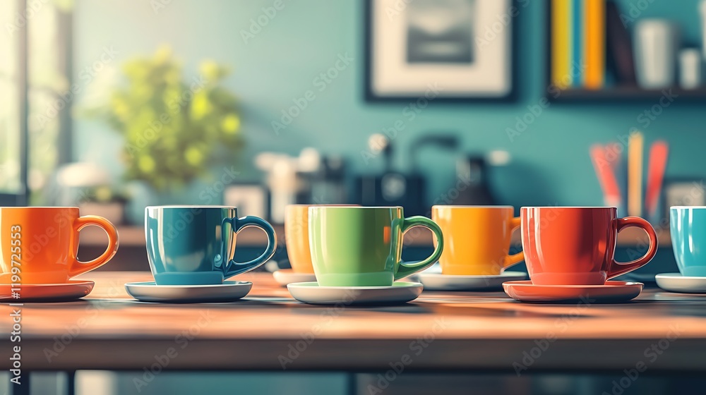 Obraz premium Vibrant coffee cups arrangement indoor high-quality image cozy setting