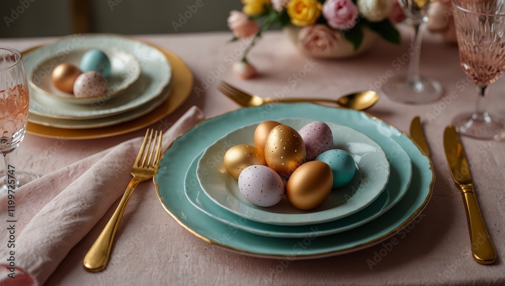 Kitchen cutlery with Easter eggs and tulip flowers on wooden table