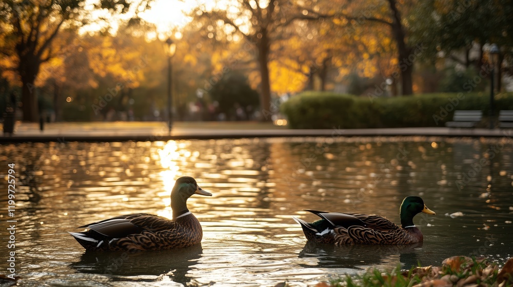 Fototapeta premium City park with a pond and ducks swimming - generated AI