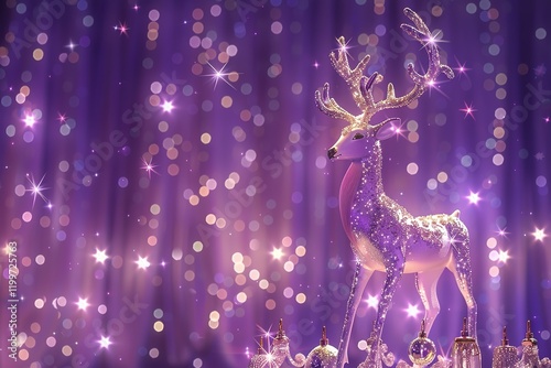 Holy light, crystal white deer, very detailed 3d animation,super clear, transparent, focusing light, optics, realism, Ribbon Christmas bell ornamentsred podium, pale violet background  photo