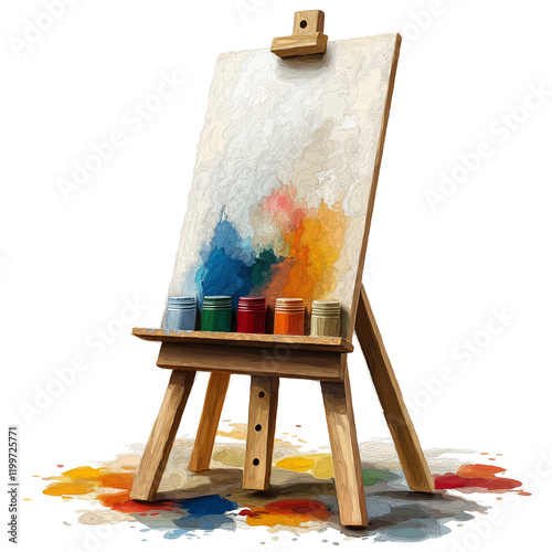 Artist's Easel with Vibrant Colors: A wooden easel displays a canvas with bold, colorful strokes of paint, surrounded by open paint pots, suggesting a moment of creative inspiration.