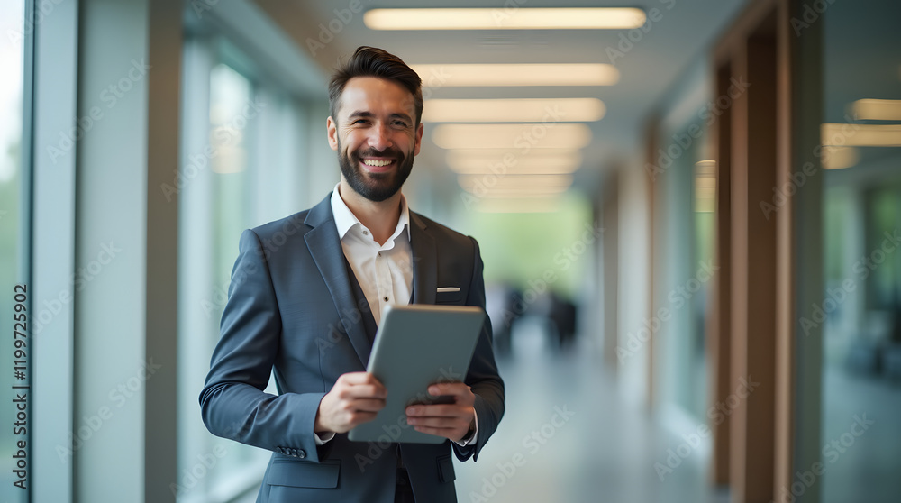 Fototapeta premium Business Leader Smiling with Tablet in Stylish Office Setting