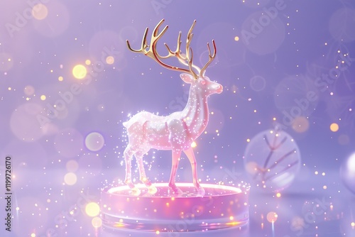 Holy light, crystal white deer, very detailed 3d animation,super clear, transparent, focusing light, optics, realism, Ribbon Christmas bell ornamentsred podium, pale violet background  photo