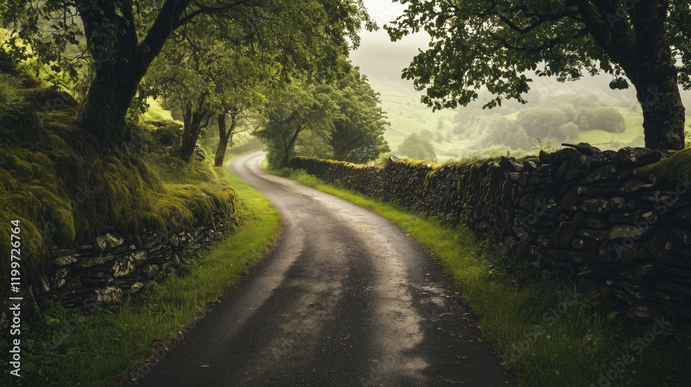 Country lane with hedgerows and rolling hills - generated AI