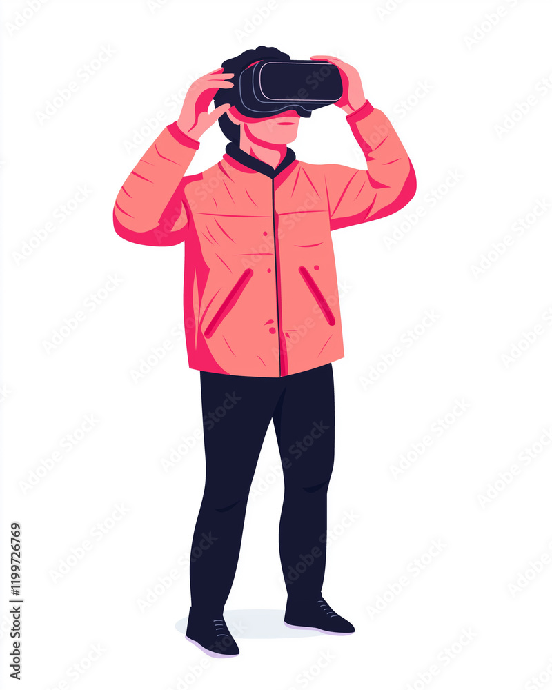Asian man in VR glasses virtual reality creative. A person wearing a VR headset in a bright jacket, immersed in a virtual experience. Asian man in VR glasses virtual reality creative. A person wearing a VR headset in a bright jacket, immersed in a virtual experience.