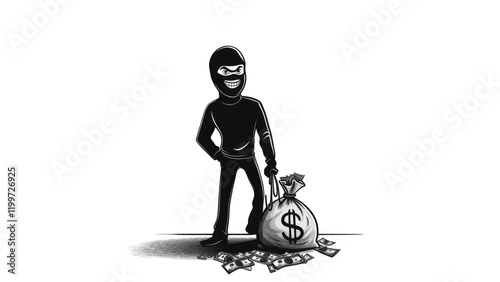 Cartoon Thief Holding Money Bag, isolated on transparent background, White background.