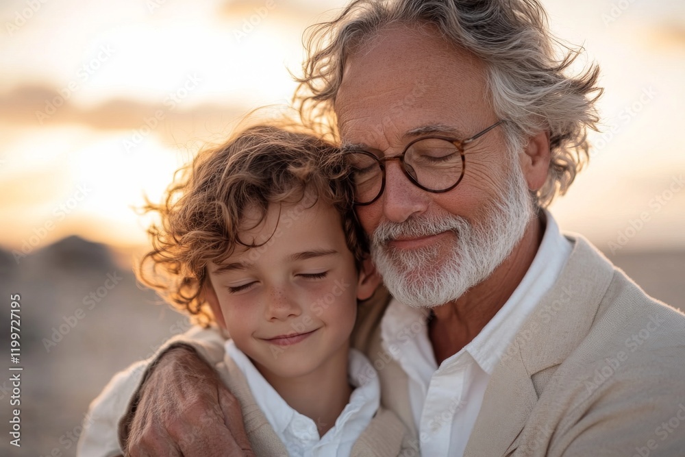 Grandfather and grandson embrace at sunset on a beach, sharing a moment of joy and love Grandfather and grandson embrace at sunset on a beach, sharing a moment of joy and love