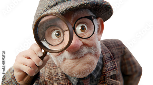 A cartoon grandfather looking through a magnifying glass trying to read small texts, 3d style, transparent background