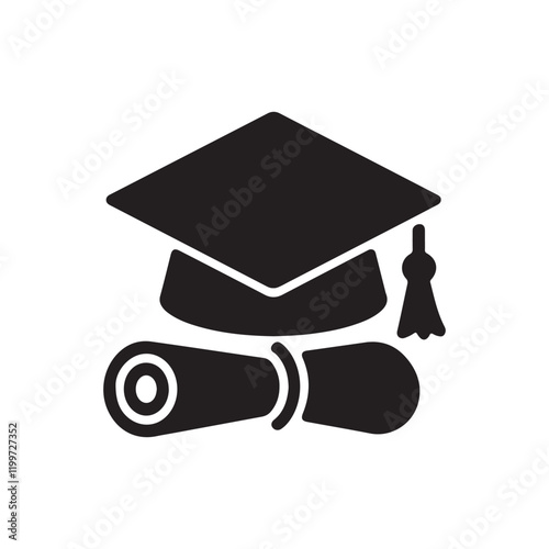 A black graduation cap and diploma icon