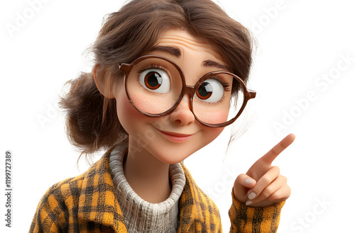 Smiling adult woman pointing finger at blank space, 3D cartoon character. Transparent background. Cutout