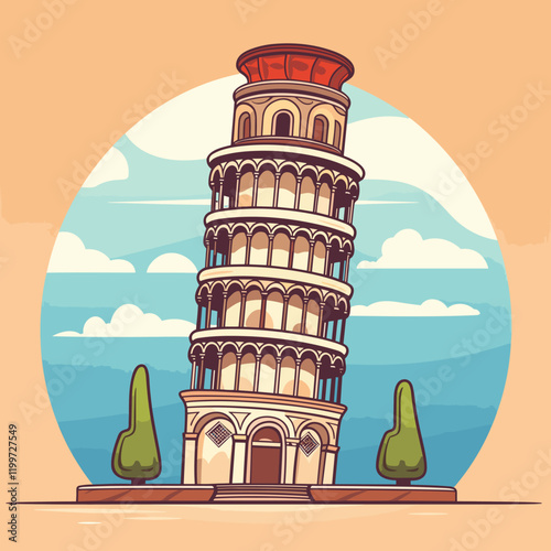 Leaning tower of Pisa hand-drawn comic illustration. Leaning tower of Pisa. Vector doodle style cartoon illustration