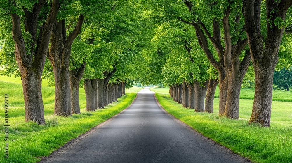 Country road with trees on both sides and a clear sky - generated AI Country road with trees on both sides and a clear sky - generated AI