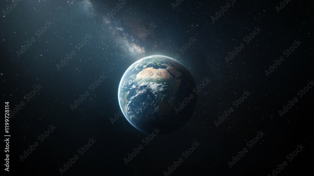 Obraz premium Captivating Wide-Angle View of Earth Against Milky Way Cosmic Landscape Outer Space Astronomical Perspective