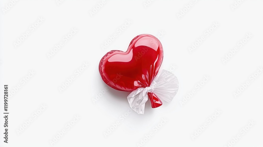 Fototapeta premium Shiny Red Heart-Shaped Candy Wrapped in Foil with a White Bow for Special Occasions