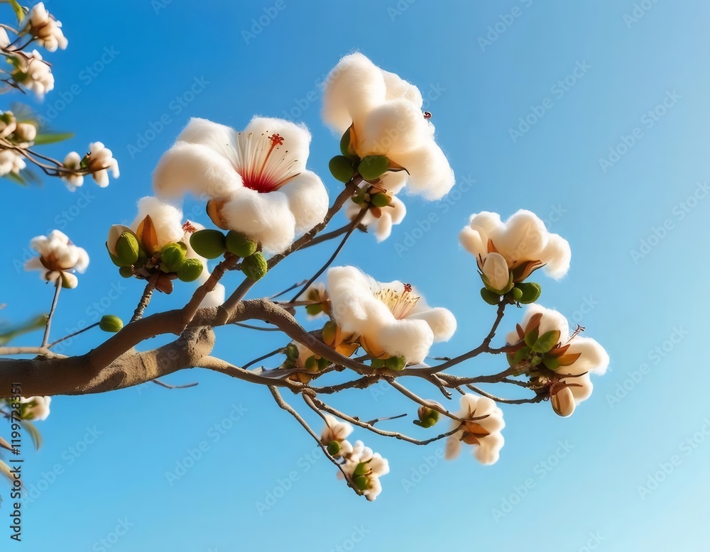 Cotton blossoms bloom against a vibrant blue sky. Cotton blossoms bloom against a vibrant blue sky.
