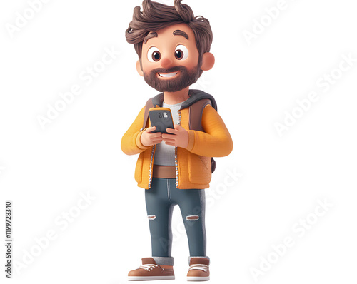 3D character of a smiling man with a beard and a smartphone. Transparent background. Cutout