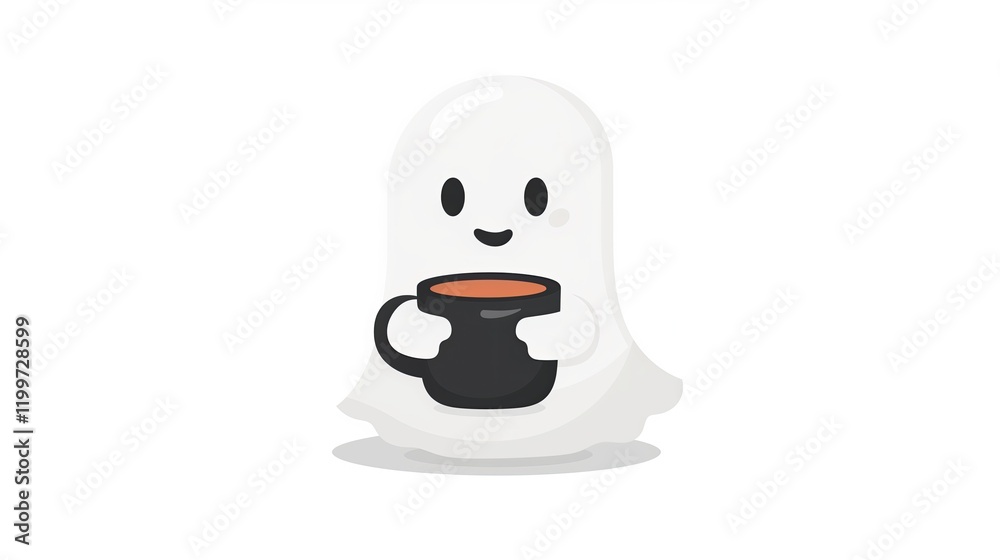 cute simple retro inspired design, a cute ghost holds a coffee mug cartoon halloween style, the fall halloween season theme, Solid white background high quality - generated AI cute simple retro inspired design, a cute ghost holds a coffee mug cartoon halloween style, the fall halloween season theme, Solid white background high quality - generated AI