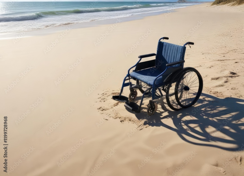 A small wheelchair partially buried in the sand near the ocean's edge with a clear blue sky and gentle waves in the background, beach find accessory, tiny furniture A small wheelchair partially buried in the sand near the ocean's edge with a clear blue sky and gentle waves in the background, beach find accessory, tiny furniture